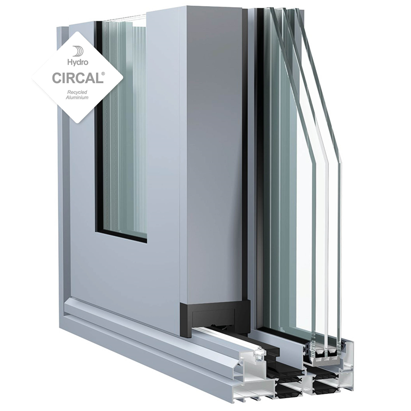 grijze aluminium schuifdeur hoekmodel met dubbel glas en isolatie voor een maximale lichtinval bij dit schuifsysteem