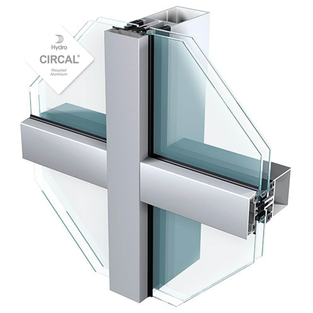 duurzame aluminium gevel met dubbel glas voor een maximale lichtinval dankzij grote glaseenheden die geïntegreerd kunnen worden in deze gordijngevel 