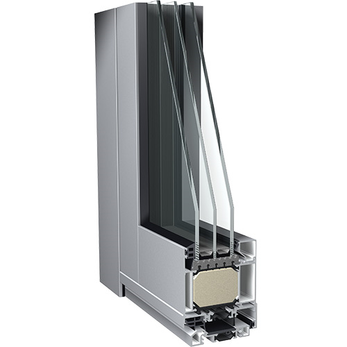 modèle d'angle de porte en aluminium gris avec triple vitrage et isolation qui offre plus de sécurité, de confort et de gestion du bâtiment