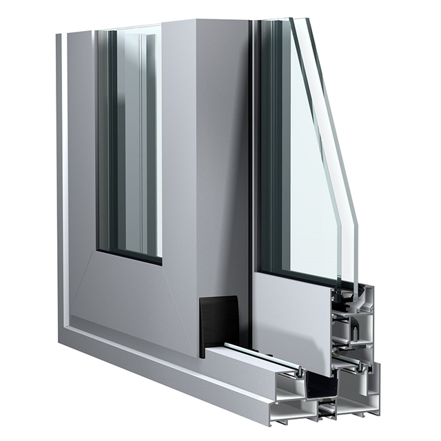 grijze aluminium schuifdeur hoekmodel met dubbel glas en isolatie voor een maximale lichtinval bij dit schuifsysteem