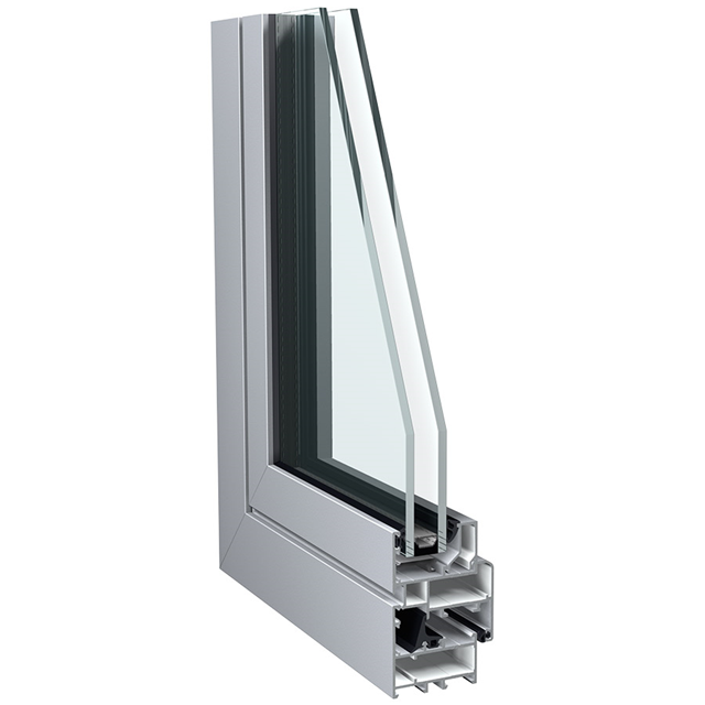grijs aluminium raam hoekmodel met dubbel glas en isolatie