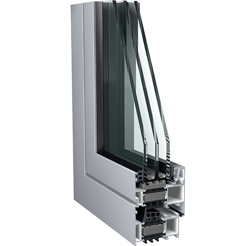 modèle d'angle de porte en aluminium gris avec double vitrage et isolation qui assure plus de sécurité, de confort et de gestion du bâtiment