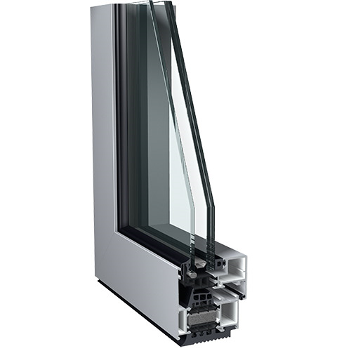 grijs aluminium raam met verdekt liggende vleugel hoekmodel met driedubbel glas en isolatie
