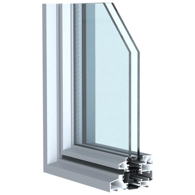 grijs aluminium raam hoekmodel met dubbel glas en isolatie