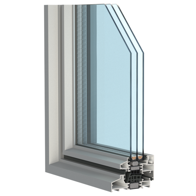 modèle d'angle de fenêtre en aluminium gris avec triple vitrage et isolation
