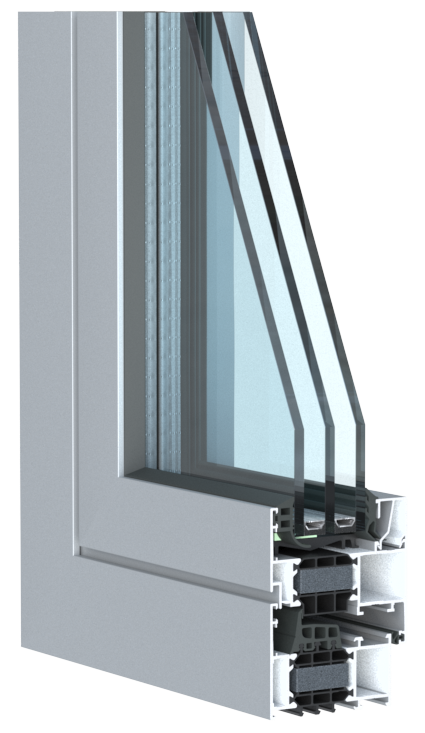 grijs aluminium raam hoekmodel met driedubbel glas en isolatie voor thermische prestaties 