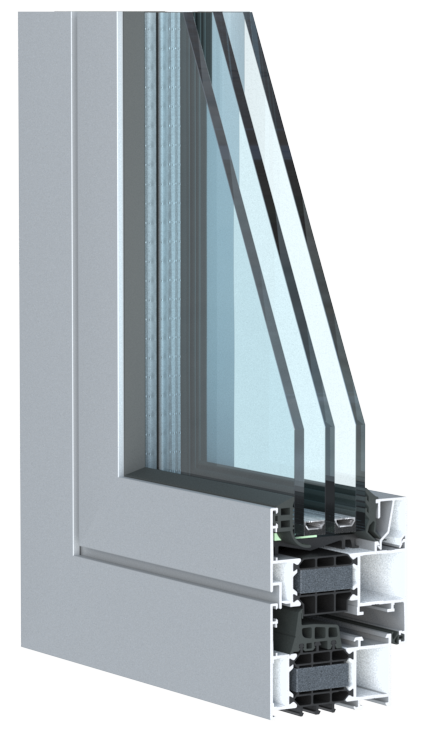 grijs aluminium raam hoekmodel met driedubbel glas en isolatie voor thermische prestaties 