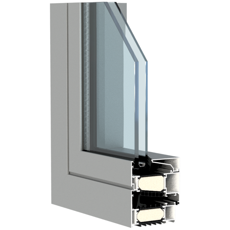 modèle de fenêtre d'angle en aluminium gris avec double vitrage et isolation pour la performance thermique adapté aux maisons BEN, maisons Eco ou maisons passives