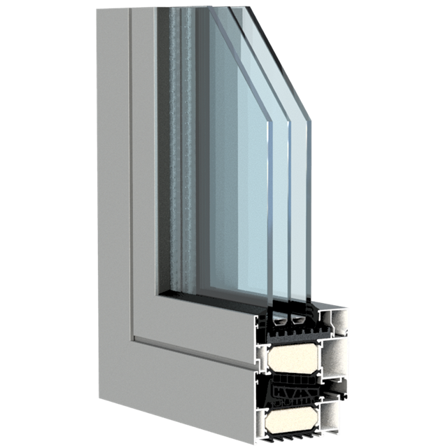modèle de fenêtre d'angle passive en aluminium gris avec triple vitrage et isolation pour la performance thermique adaptée aux maisons BEN, maisons Eco ou maisons passives