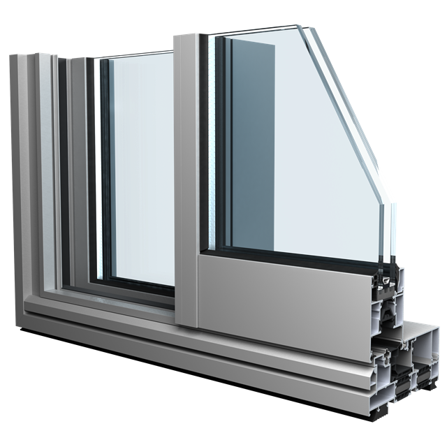 Modèle d'angle de porte coulissante en aluminium gris avec double vitrage et isolation pour un maximum de luminosité avec ce système coulissant