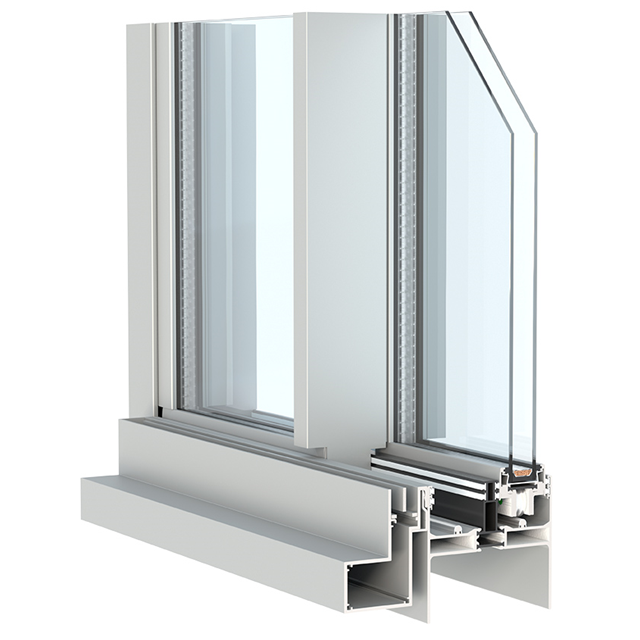 grijze aluminium schuifdeur hoekmodel met dubbel glas en isolatie voor een maximale lichtinval waar motorisatie mogelijk is en de fonctionaliteit een hoogtepunt bereikt bij dit schuifsysteem