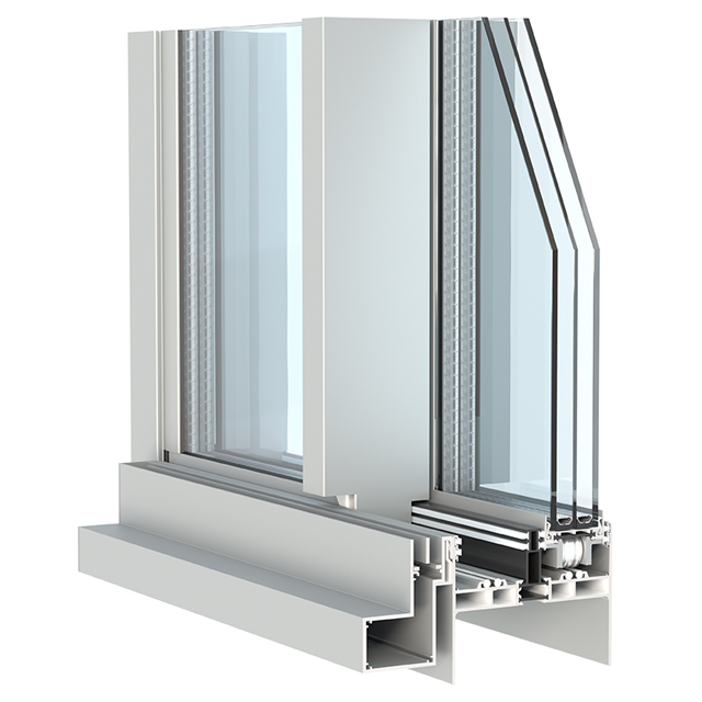 grijze aluminium schuifdeur hoekmodel met dubbel glas en isolatie voor een maximale lichtinval waar motorisatie mogelijk is en de fonctionaliteit een hoogtepunt bereikt bij dit schuifsysteem