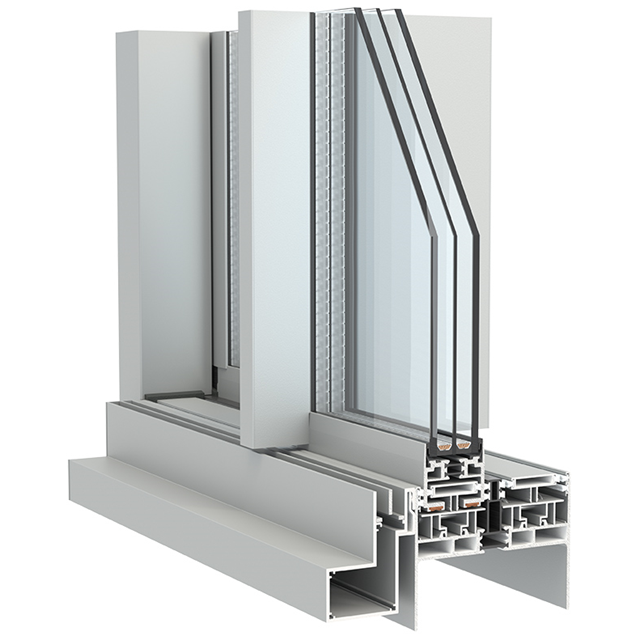 grijze aluminium schuifdeur hoekmodel met dubbel glas en isolatie voor een maximale lichtinval waar motorisatie mogelijk is en de fonctionaliteit een hoogtepunt bereikt bij dit schuifsysteem