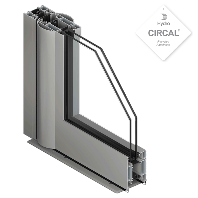 grijze aluminium deur hoekmodel met dubbel glas en isolatie wat zorgt voor meer veiligheid, comfort en gebouwbeheer