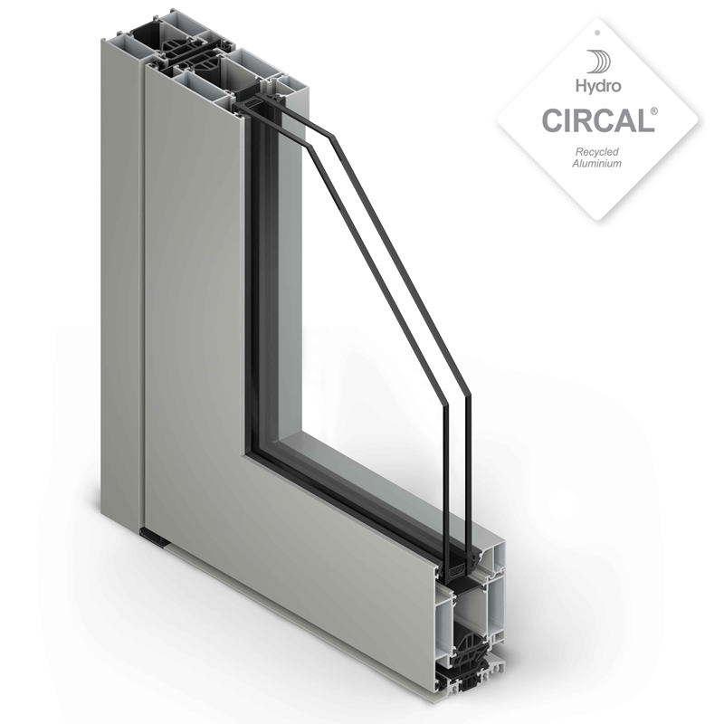 modèle d'angle de porte en aluminium gris avec double vitrage et isolation qui assure plus de sécurité, de confort et de gestion du bâtiment