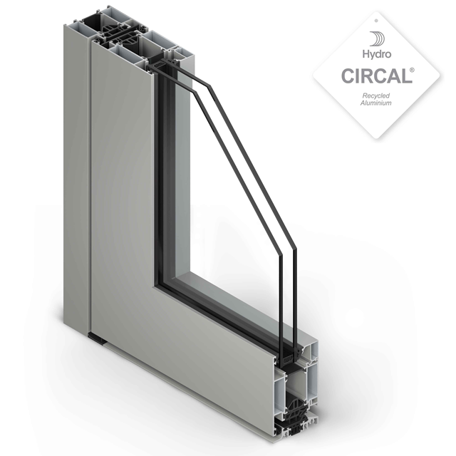 grijze aluminium deur hoekmodel met dubbel glas en isolatie wat zorgt voor meer veiligheid, comfort en gebouwbeheer