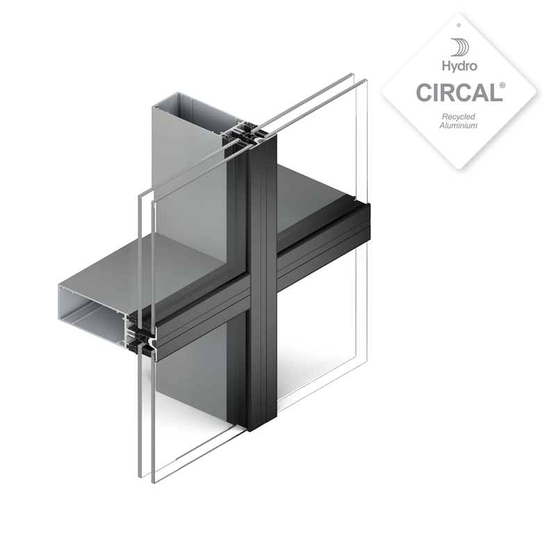 duurzame aluminium gevel met isolatie en dubbel glas voor een maximale lichtinval dankzij grote glaseenheden die geïntegreerd kunnen worden in deze gordijngevel 