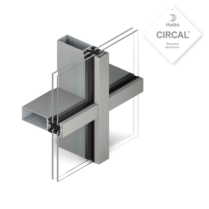 duurzame aluminium gevel met dubbel glas voor een maximale lichtinval dankzij grote glaseenheden die geïntegreerd kunnen worden in deze gordijngevel 