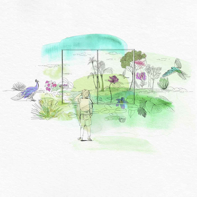 a watercolour of a person in front of a sustainable and recyclable aluminium window