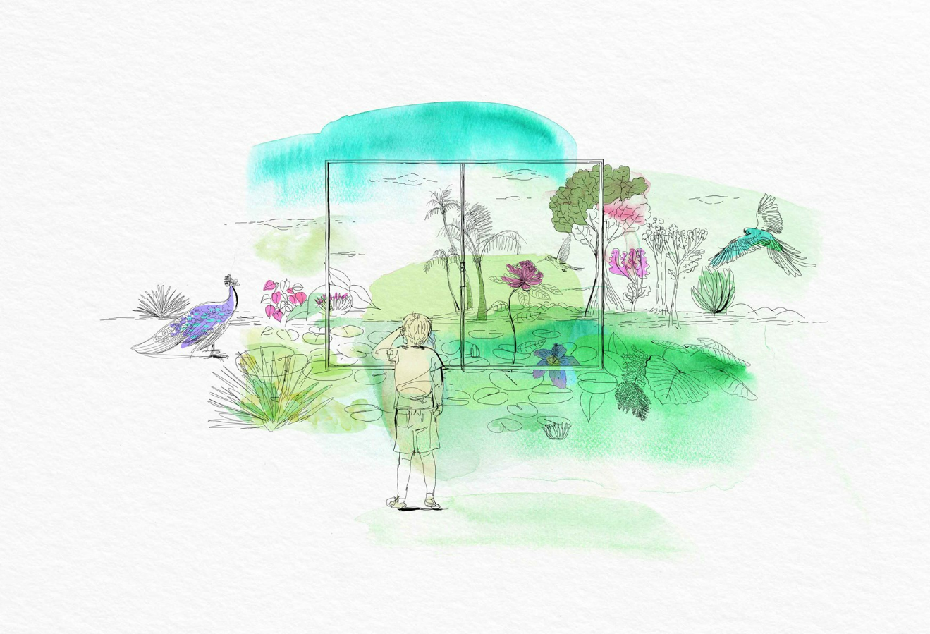 a watercolour of a person in front of a sustainable aluminium window