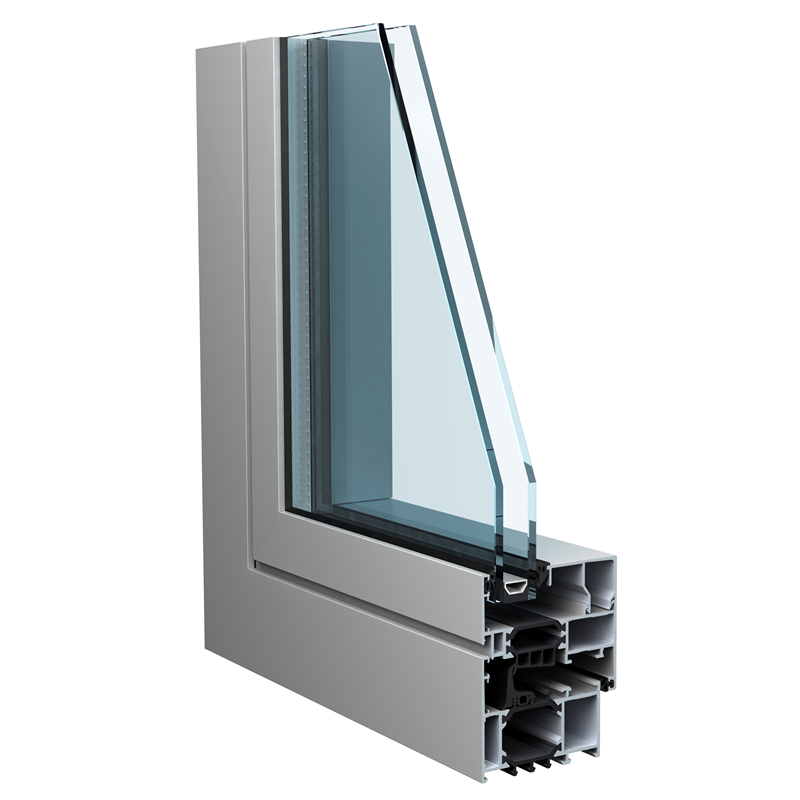 grijs aluminium raam hoekmodel met dubbel glas en isolatie