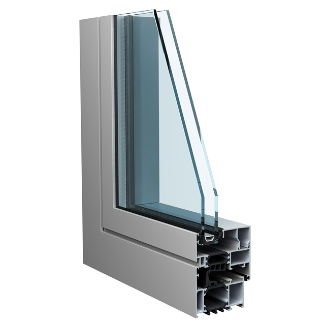 grijs aluminium raam hoekmodel met dubbel glas en isolatie